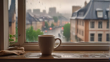 Hot coffee cup on a window sill with urban view, ideal for cozy lifestyle photos, morning routine content, and city branding.