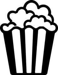 Popcorn icon.Vector illustration of Classic red and yellow striped popcorn bucket exploding with tasty buttery popcorn black and white drawing.Outline, glyph, filled outline style.