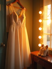 White lace wedding gown with a long veil hanging on a hanger behind a window in a room