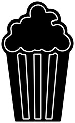 Popcorn icon.Vector illustration of Classic red and yellow striped popcorn bucket exploding with tasty buttery popcorn black and white drawing.Outline, glyph, filled outline style.