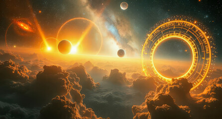 Futuristic glowing portal in outer space with cosmic energy, perfect for sci-fi poster design, digital artwork, and fantasy themes.