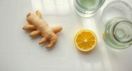 Fresh ginger and lemon with glass of water on clean white table, perfect for wellness branding, detox concepts, and healthy lifestyle content.