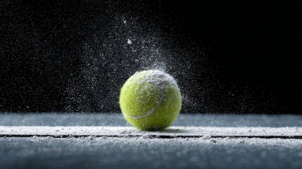 Close-up of bright yellow tennis ball with chalk dust flying after hitting the line on a black background, sports action concept highlighting precision, impact, and dynamic athletic energy