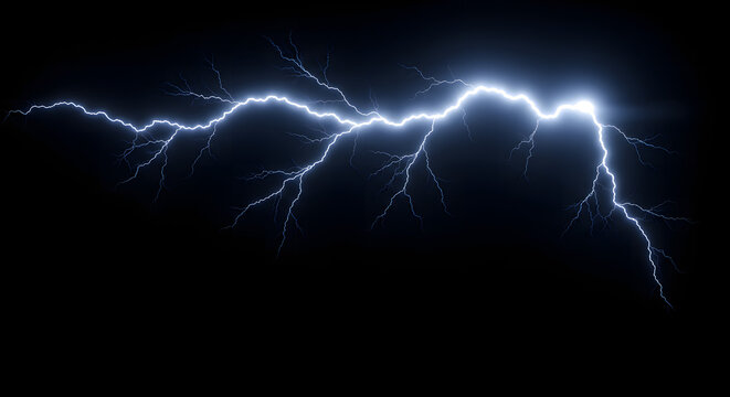 Bright blue lightning bolt striking across a dark night sky. - Powered by Adobe
