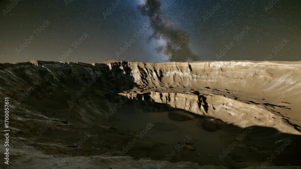 Canvas Prints a large crater is in the middle of a desert. the sky is dark and the stars are visible