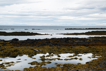 Coastal tidal pools and rocks under a cloudy sky in Akranes, Iceland