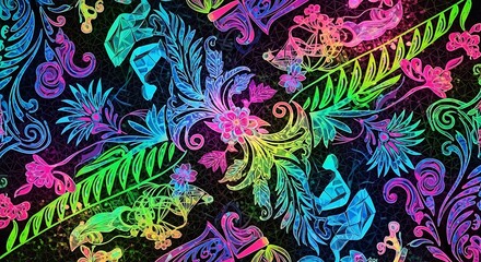 Vibrant Abstract Floral Pattern with Colorful Illuminations and Decorative Elements