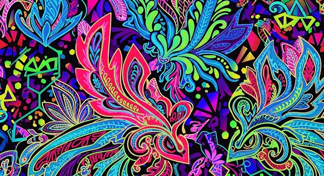 Vibrant psychedelic floral pattern with intricate details and a kaleidoscopic effect, perfect for creative projects