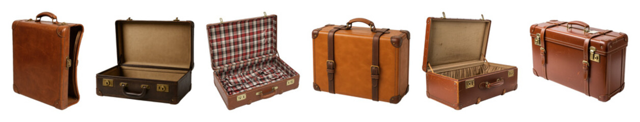 Brown leather suitcase set including closed, open, and tartan interior variations isolated. Travel and retro luggage collection.