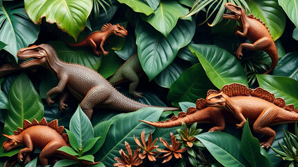 Dinosaurs on background of tropical leaves