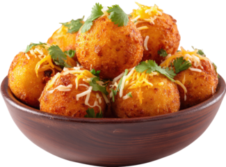 Crispy, cheesy balls in a bowl.  Golden-brown spheres,  topped with grated cheese and cilantro,  nestled in a wooden bowl