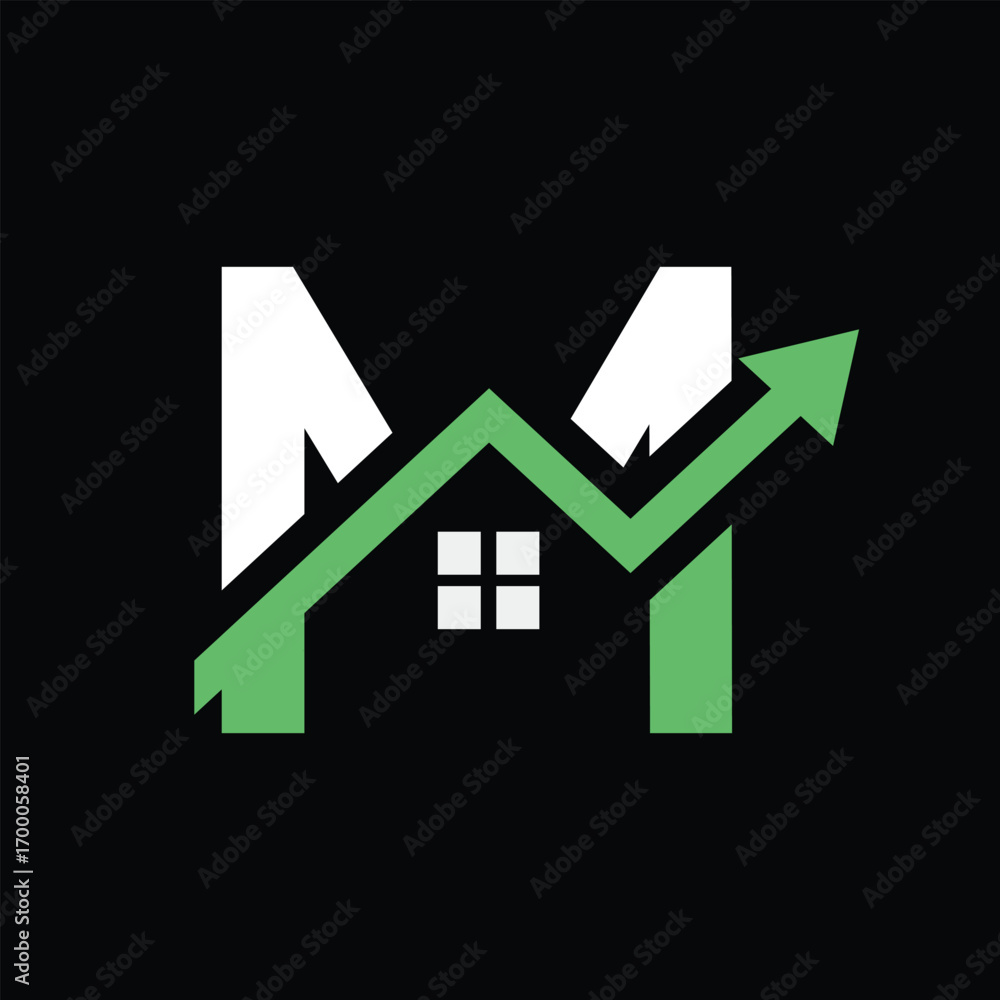 Poster this is a flat logo design of an initial m in combination with a house and a graphic arrow heading u