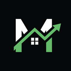 this is a flat logo design of an initial M in combination with a house and a graphic arrow heading up that looks good in green and white color on a black background
