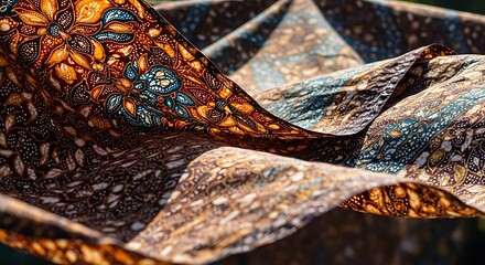 Close-up of flowing fabric with a vibrant, intricate floral pattern in warm earthy tones and cool blue accents