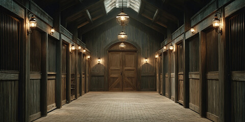 Modern tidy horse stable interior showcasing elegant stalls for proud stallions and serene ambiance