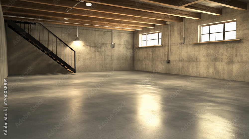 Poster renovated basement with smooth concrete floor in modern style generative ai