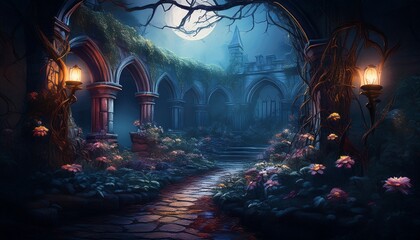 overgrown garden with twisted vines and dead flowers in the moonlight cast an eerie glow on the crumbling stone walls of a castle misty creepy