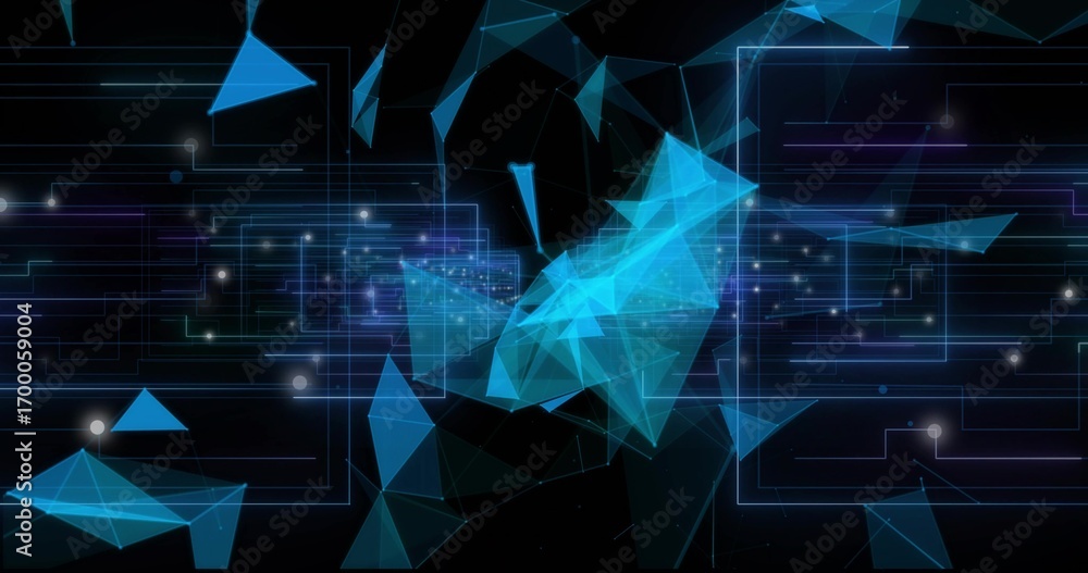 Poster floating blue triangular facets forming network pathways in dark void, with glowing nodes