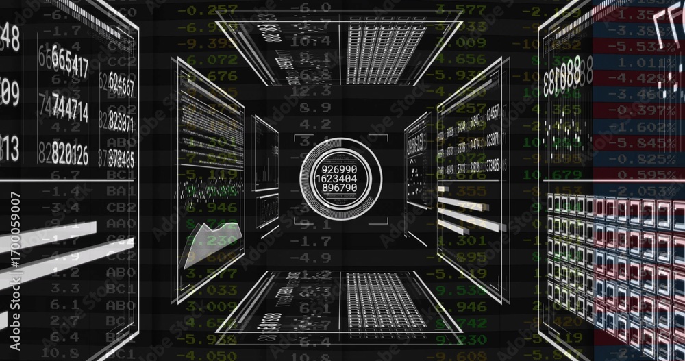 Poster displaying central circular data interface glowing in data corridor, with scrolling numeric tickers
