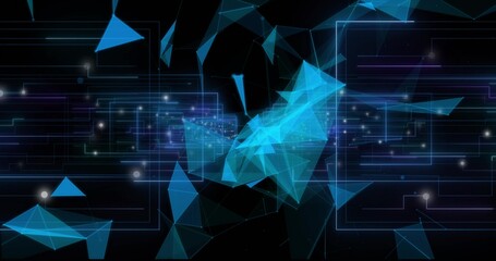 Floating blue triangular facets forming network pathways in dark void, with glowing nodes