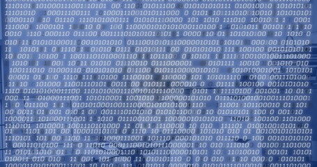 Streaming rows of binary digits scrolling across blue gradient interface, with binary code pattern