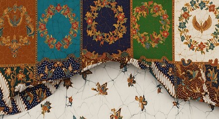 Colorful Textile Patterns Traditional Batik Designs with Floral and Bird Motifs
