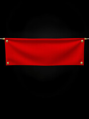 A red banner with gold grommets hanging against a black background space on transparent background