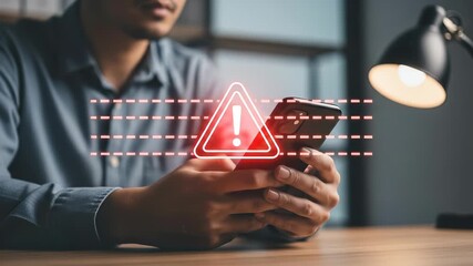 Mobile Security Alert: Man Holding Phone with Warning Sign - Protect Your Data, Prevent Scams & Stay Safe Online