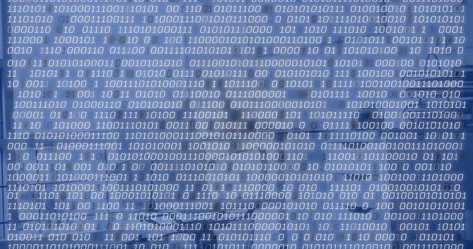 Streaming rows of binary digits scrolling across blue gradient interface, with binary code pattern