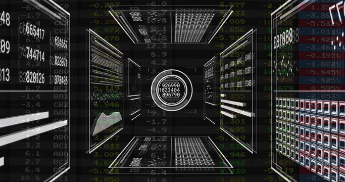 Displaying central circular data interface glowing in data corridor, with scrolling numeric tickers