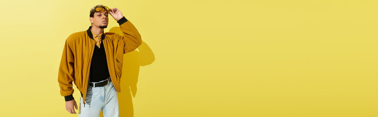 Young man shows off bomber jacket in a stylish, vibrant studio