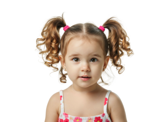 A young girl with curly brown hair in pigtails, wearing a pink and white floral dress, looks directly at the camera with a neutral expression.