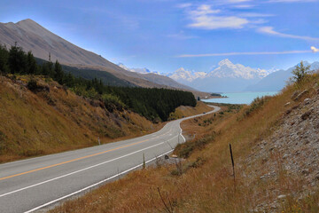 Scenic Road Leading to Mount Cook and Lake Pukaki, New Zealand