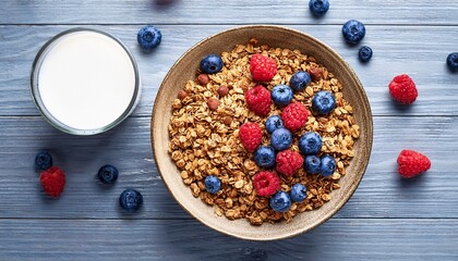 granola muesli milk and ripe blueberries and raspberries healthy breakfast concept wooden background top view