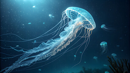 Fototapeta premium Bioluminescent Jellyfish in Deep Ocean underwater marine life