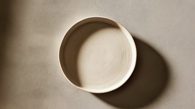 Minimalist top view of an empty beige ceramic bowl casting a shadow on the surface.