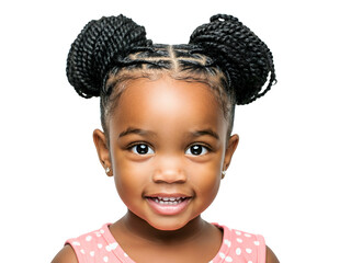 A close-up studio portrait of a young Black girl with braided hair styled in two buns, smiling.