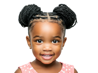 A close-up studio portrait of a young Black girl with braided hair styled in two buns, smiling.