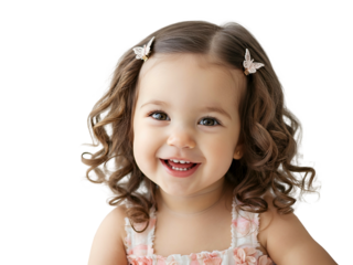 Close-up portrait of a joyful toddler girl with curly brown hair and butterfly clips, smiling happily at the camera against a white background.