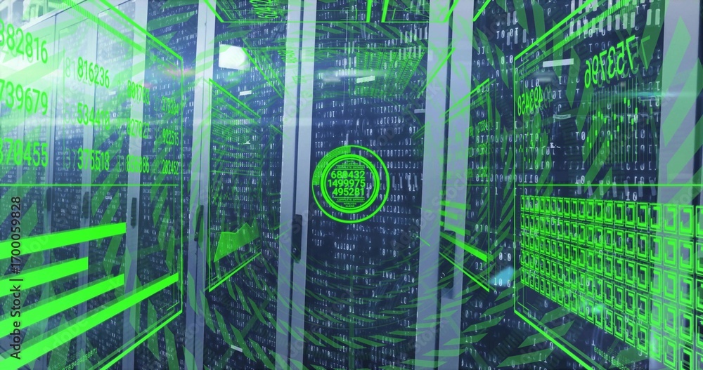 Poster displaying server racks streaming green overlays at data center with cables and led lights