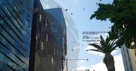 Obraz premium Showing central skyscraper standing on downtown street, with slatted facade, palm tree, dark dots