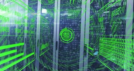 Displaying server racks streaming green overlays at data center with cables and LED lights