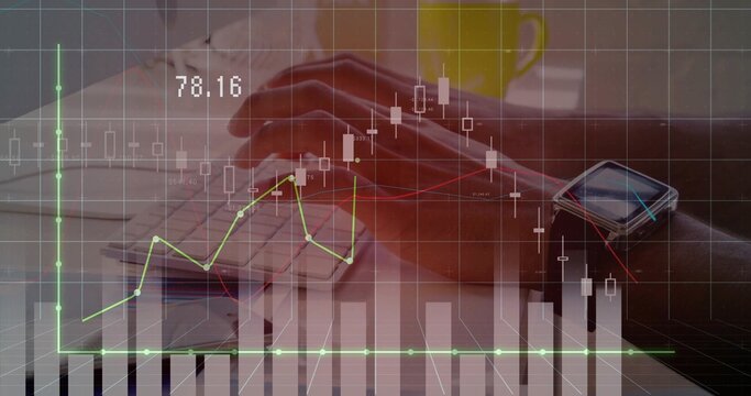 Typing adult hands wearing smartwatch at wooden desk, with yellow mug, papers, chart overlays - Powered by Adobe