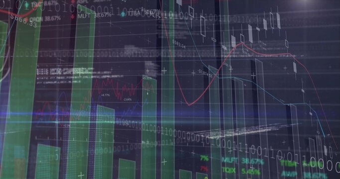 Displaying data in trading interface, with chart elements, binary code, percent labels and grid