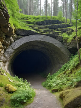 Old underground adit in Ruskeala mountain park. Karelia, Russia