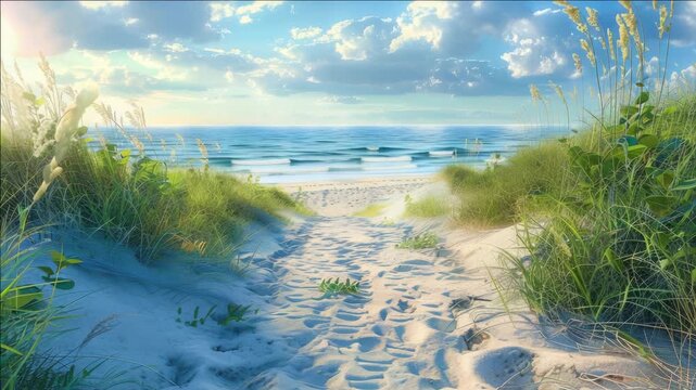 A winding path through the dunes leads to a beautiful beach at dawn.