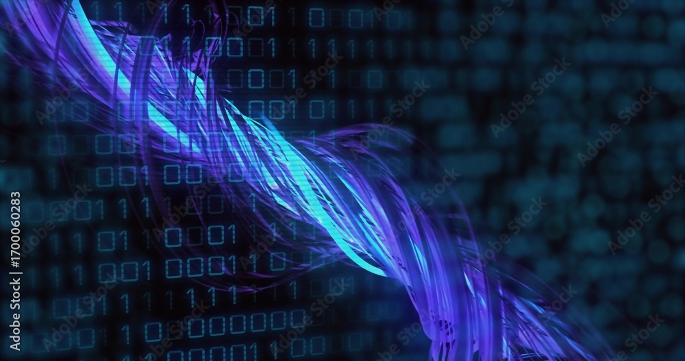 Aufkleber neon blue and purple data stream twisting diagonally in digital backdrop, with floating binary grid