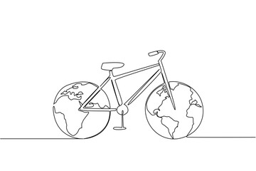 Detailed single line drawing of a bicycle with both wheels shaped like the Earth, highlighting eco-friendly transport and unity for World Bicycle Day in a sport, travel, and environment concept.