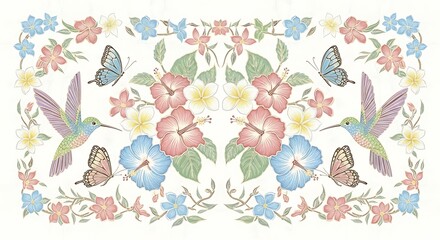 Floral Fantasy Delicate Hummingbirds and Butterflies Amidst a Blooming Garden