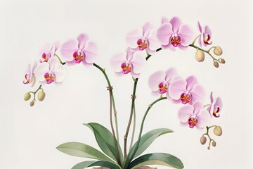 Fototapeta premium A surreal, simple 3d artwork of Delicate orchid bouquet in watercolor style, Asian elegance, white background